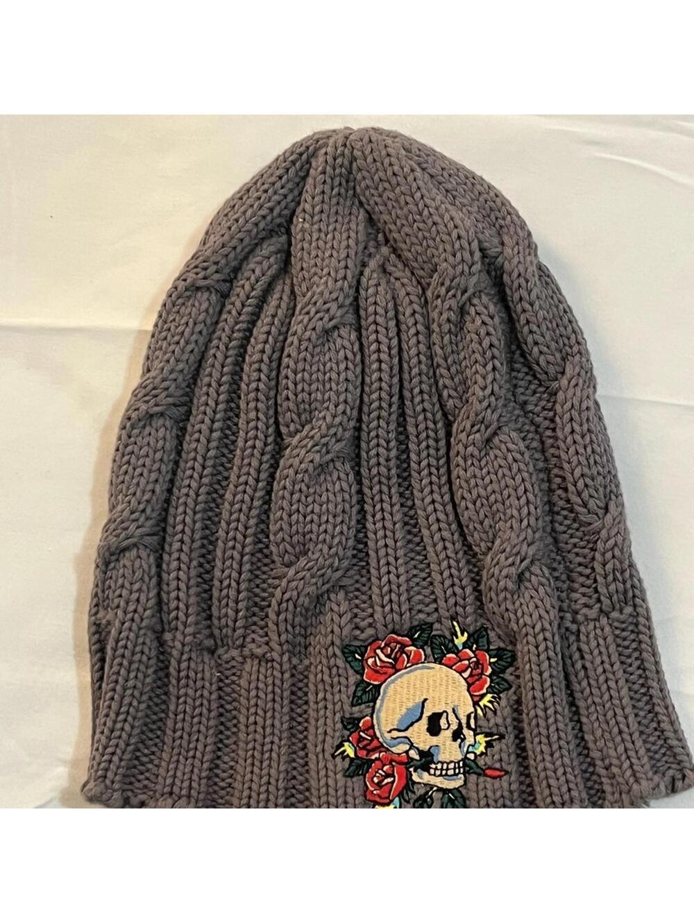 Ed Hardy Charcoal Knit Beanie with Skull and Rose Design Kids One Size